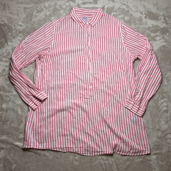 J Mclaughlin Tops - J. Mclaughlin Popover Tunic Shirt‎ Womens L Pink White Stripe Roll Tab Sleeve